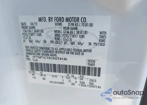 2012 Ford F-150 Xlt z USA, uszkodzony, nr VIN 1FTNF1CT5CKD74130